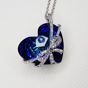 Qianse Blue Swarovski Heart Crystals Charm Pendant Necklace Silver Tone Chain